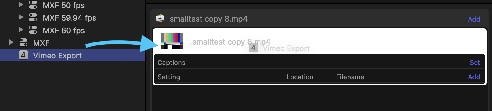 Screnshot showing that you can select and drag the Vimeo Export preset from the left settings menu to your file to apply it.