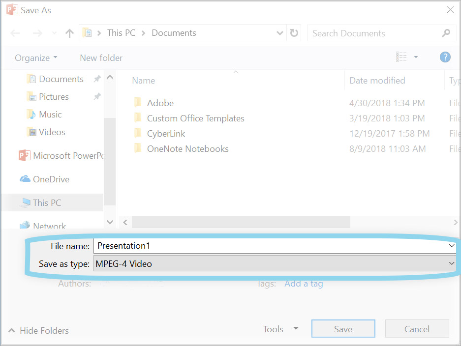 Screenshot of the 'Save As' menu in PowerPoint on Windows. The 'Save as type' is set as MPEG-4 Video.