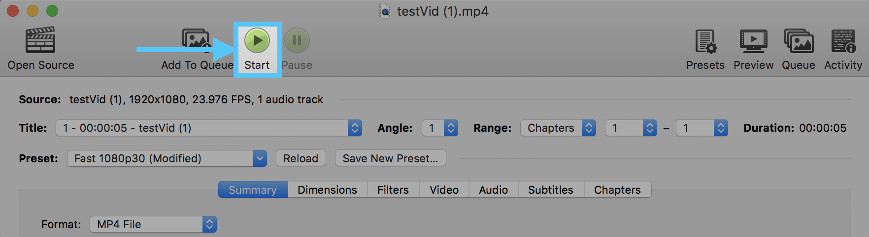 Uma captura de tela mostrando a interface do HandBrake. O botão 'Iniciar' está na linha superior, no meio. É representado por um botão circular verde com um triângulo preto apontado para a direita. Abaixo do círculo, um rótulo diz 'Iniciar'.