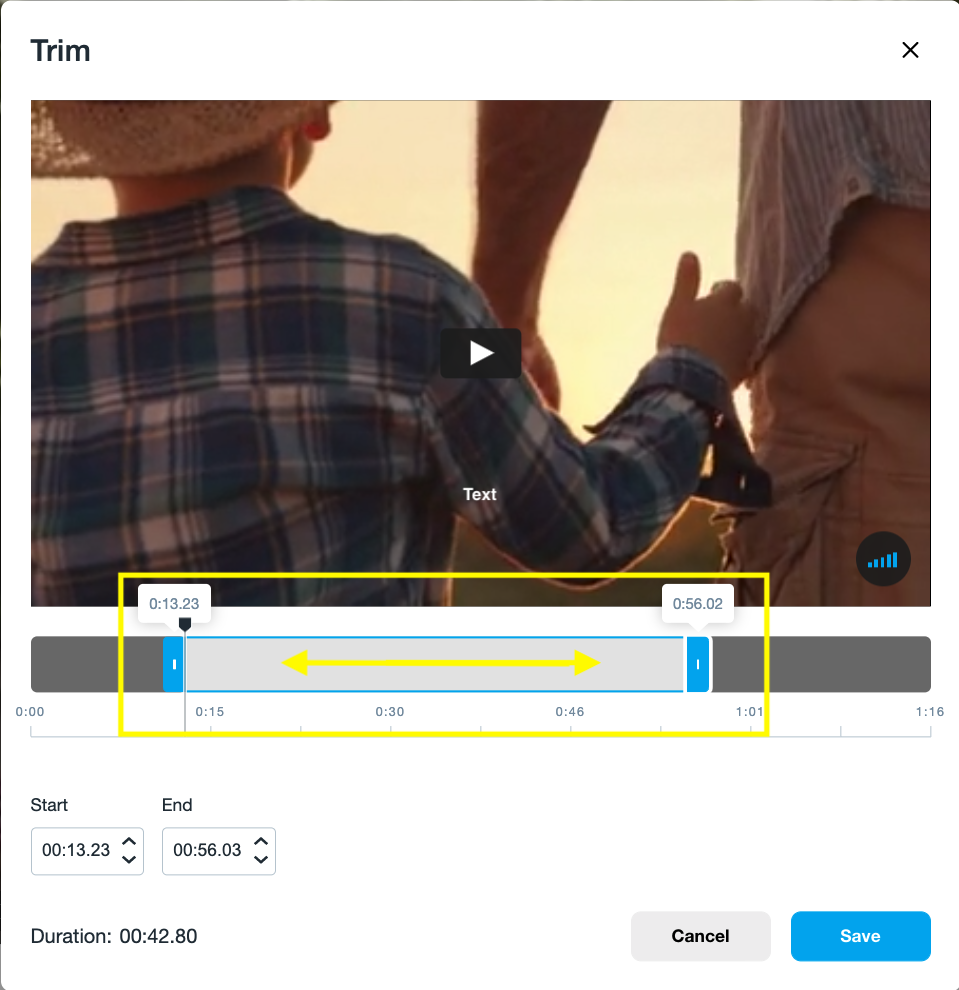 A screenshot showing the video trim tool. Under the preview of the video, there is a timeline with a boundary box around the video clip. Selecting the boundary box reveals handles at the beginning and end of the boundary box. Selecting and dragging the handles will shorten or lengthen the video. You can also manually imput the start and end timestamps for the video under the timeline in the boxes labeled 'Start' and 'End'.