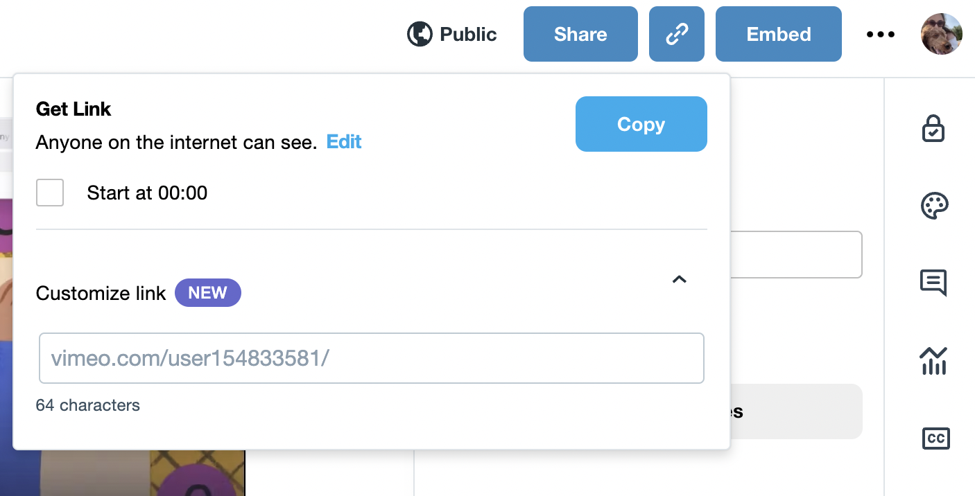 Uma captura de tela mostrando o menu "Obter link", acessível no canto superior direito da página de configurações do vídeo. Aqui, você pode definir as configurações de privacidade selecionando "Editar" após uma descrição da configuração de privacidade atual. Você também pode marcar a caixa de seleção para iniciar um vídeo a partir de uma determinada data e hora no vídeo. Por fim, você pode criar um link personalizado para o vídeo.