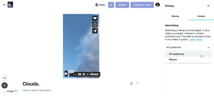 A screenshot showing the 'Content' tab of the privacy panel if a 'Mature' rating is selected. Options for why the video is rated Mature shows below the rating dropdown menu. They include 'Profanity', 'Drug/alcohol use', 'Violence', and 'Nudity'.