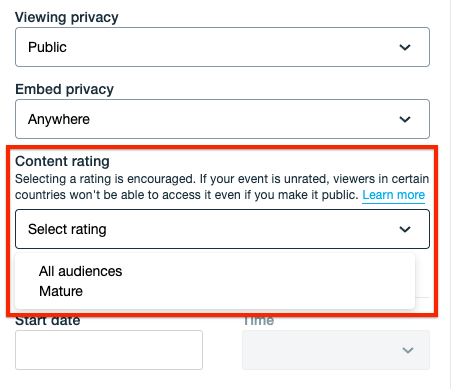 A screenshot showing the live settings page. The options on this page include 'Viewing privacy', 'Embed privacy', and 'Content rating'. Each have a dropdown menu to select an option for each. Under 'Cotent rating' you can select 'All audiences' or 'Mature'.