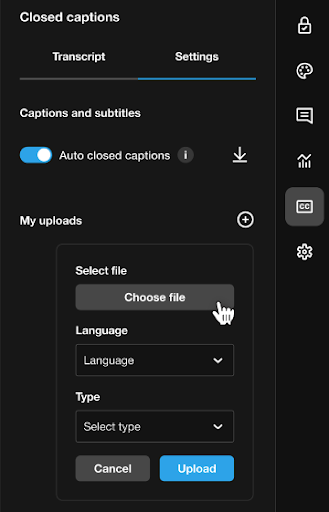 A screenshot of the closed captions menu. 'Select file' can be found under the 'My uploads' section. The 'Choose file' button can be found under 'Select file'.