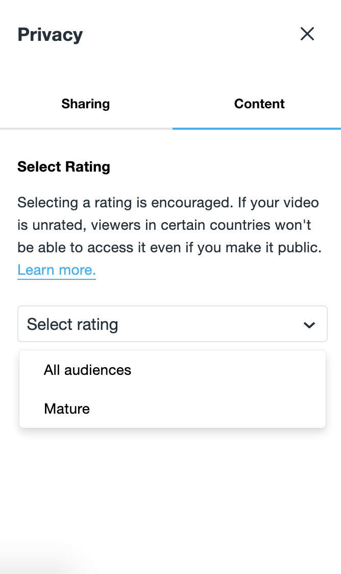 A screenshot showing the Privacy panel. The 'Content' tab is selected. Here, you can select your rating between 'All audiences' or 'Mature'.