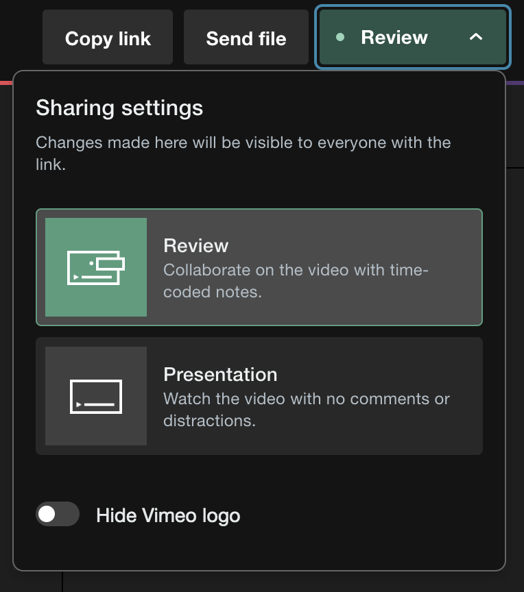 A screenshot of a portion of the review page. The top bar has the buttons 'Copy link', 'Send file', and 'Review'. Review has a dropdown menu. The dropdown menu is selected. The menu says 'Sharing settings' and that 'Changes made will be visible to everyone with the link'. Under are two buttons: 'Rewview: Collaborate on the video with time-coded notes.' and 'Presentation: Watch the video with no comments or distractions.' Under is the toggle 'Hide Vimeo logo.'