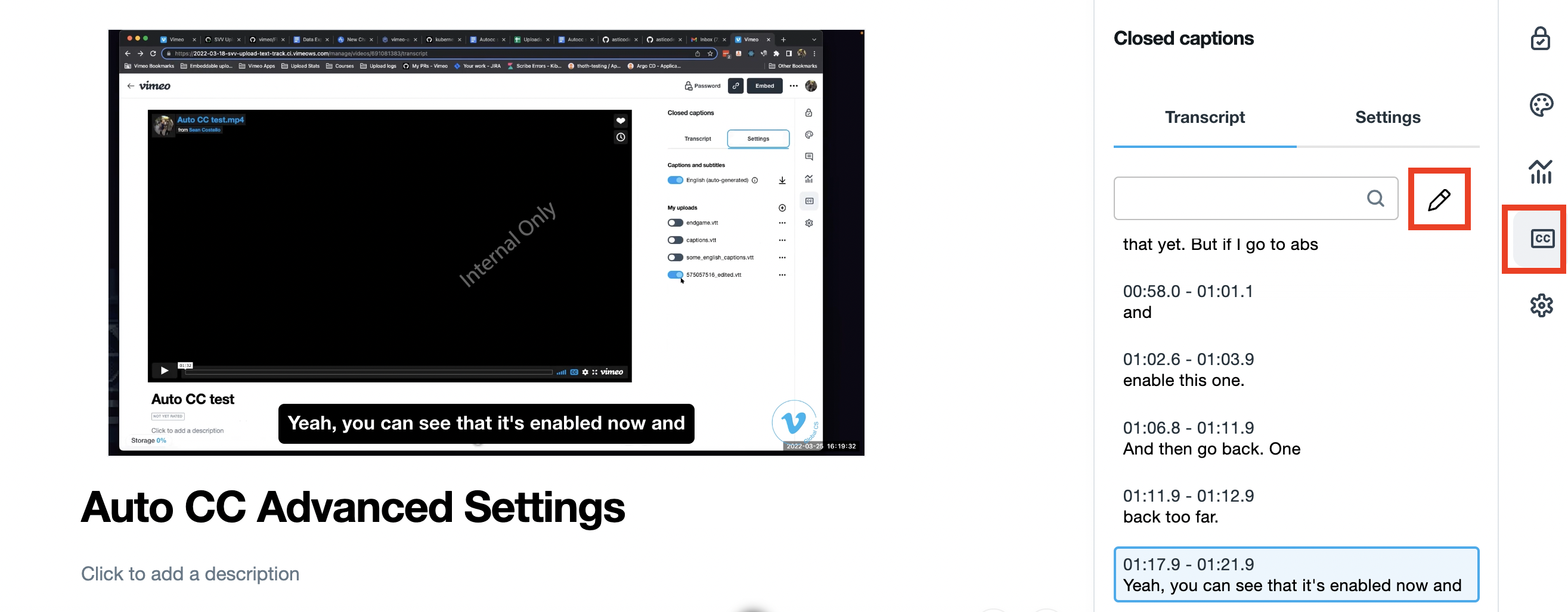 Uma captura de tela mostrando a página de configurações do vídeo. Selecionar o botão "CC" à direita da tela abrirá o menu "Closed captions (cc)". O ícone de lápis à direita do menu "Closed captions (cc)" abrirá o editor de transcrição.
