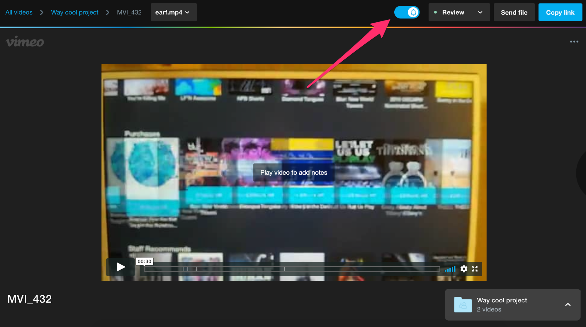 A screenshot of a video review page. At the top of the page, on the right of the page, before the 'Review dropdown menu is a toggle. The toggle has an icon with the image of a bell. Turning this toggle on will turn on email notifications for the review page. You can also turn that toggle off.