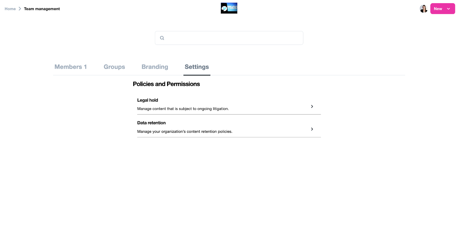 A screenshot of the Settings tab of the team management page. Under the header 'Policies and Permissions', there is a button for 'Legal Hold' and for 'Data Retention'. 'Legal Hold' is described as 'Manage content that is subject to ongoing litigation'. 'Data Retention' is described as 'Manage your organization's content retntion policies'.