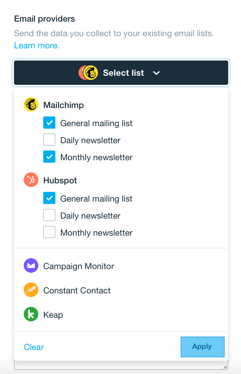 A screenshot showing the email providers list. Here, you can choose which mailing list you'd like to send through which provider including 'General mailing list', 'Daily newsletter', and 'Monthly newsletter'.