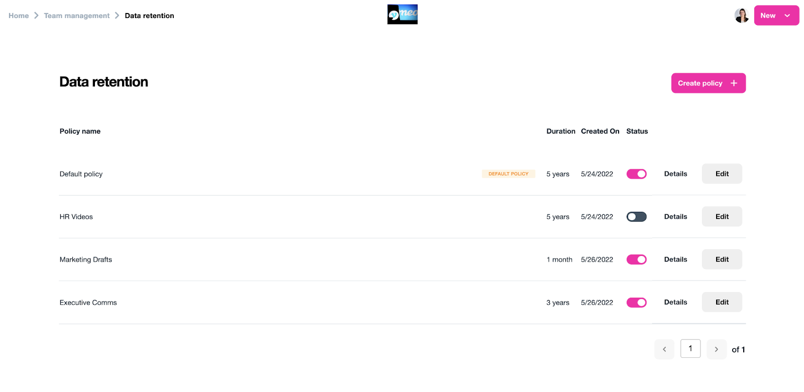 A screenshot of the Data retention page.