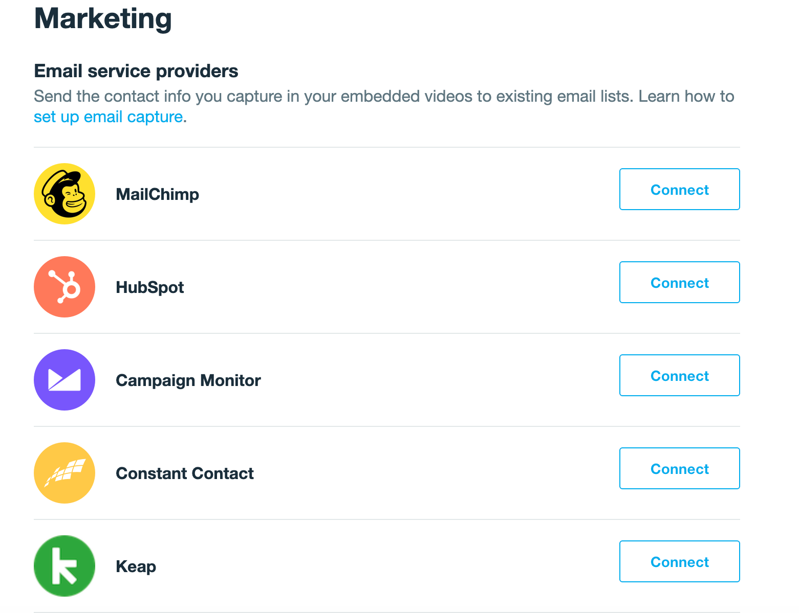 A screenshot showing various connected email serice provieders. This includes MailChimp, HubSpot, Campaign Monitor, Constant Contact, and Keap. Next to each icon and label of each provider, there is a 'Connect' button. This will connect your Vimeo account with your ESP.