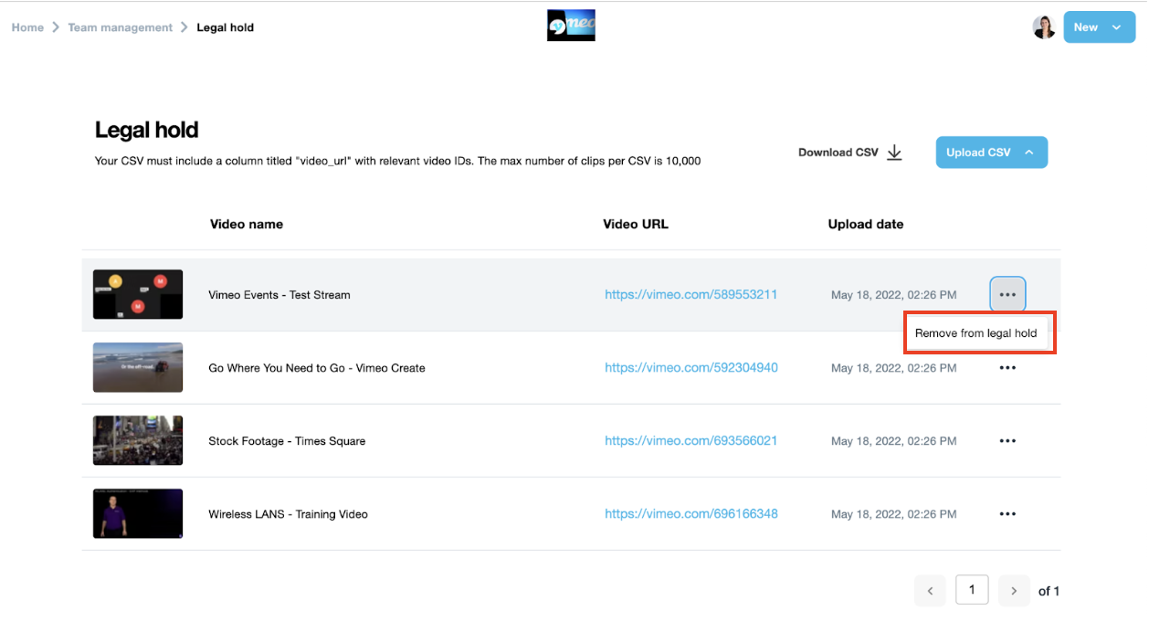 A screenshot showing the Legal Hold section of the Team Management page. The button with three horizontal dots at the right of a row pertaining to a specific video is selected. When selected, it shows the option 'Remove from legal hold'.