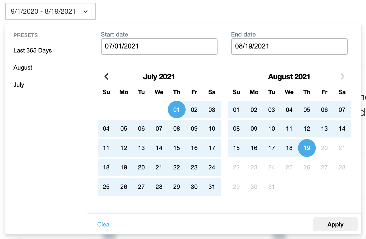 The date picker in the bandwidth report. You can either select a preset in the left panel from the selections of the last 365 days, the current month, or the previous month. In the right panel, you can select a start date and an end date for the timeframe you'd like to view. There are two calendars showing the start and end dates for this example (July 1 - August 19). 