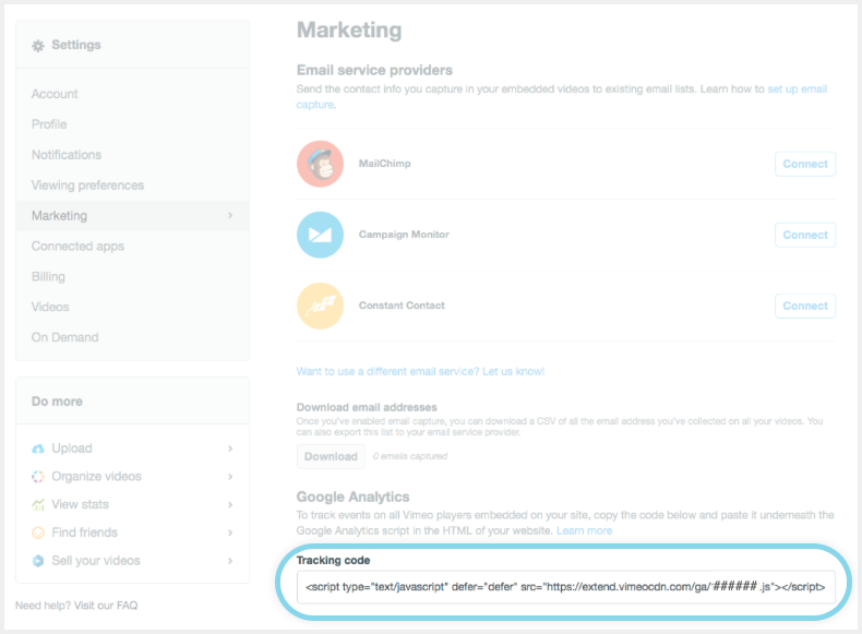 The Marketing tab of Account Settings. The tracking code can be found under the Google Analytics header. There is a textbox with the tracking code that can be copied and pasted.