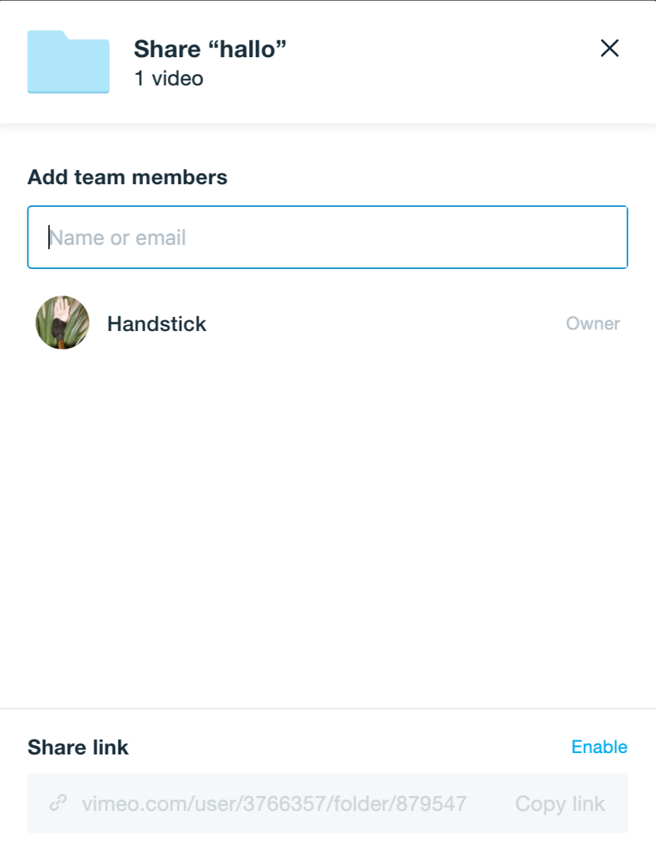 An example of sharing a folder. It shows the name of the folder and how many videos are in the folder. There is a textbox where you can add team members by name or email address.