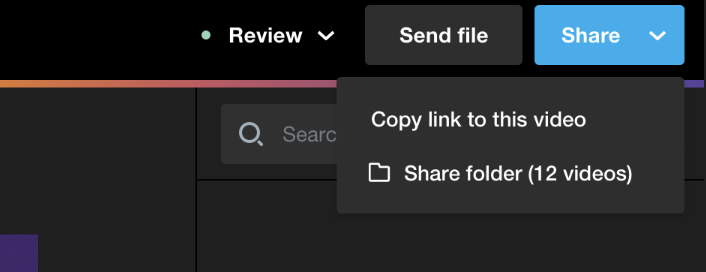The review page of a video. In the top-left corner, there are three buttons: Review (with a dropdown arrow), Send File, and Share (with a dropdown arrow). The Share button is selected showing the options in the dropdown menu. The options are 'Copy link to this video' and 'Share folder' (which displays the number of videos in the folder).