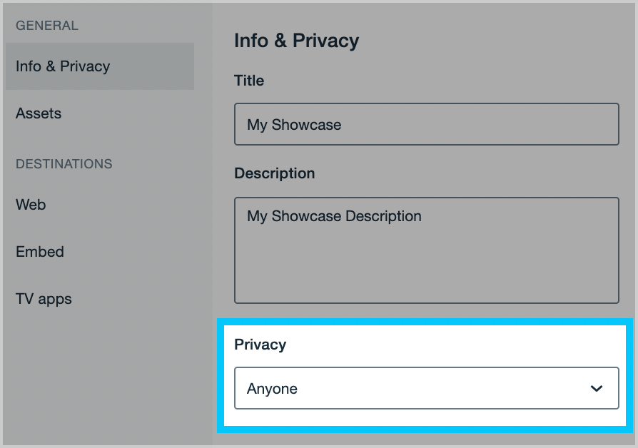 The info and privacy tab. There is a textbox to enter in the title of the showcase, a textbox to enter the description of the showcase, and a Privacy dropdown menu to select the level of privacy.