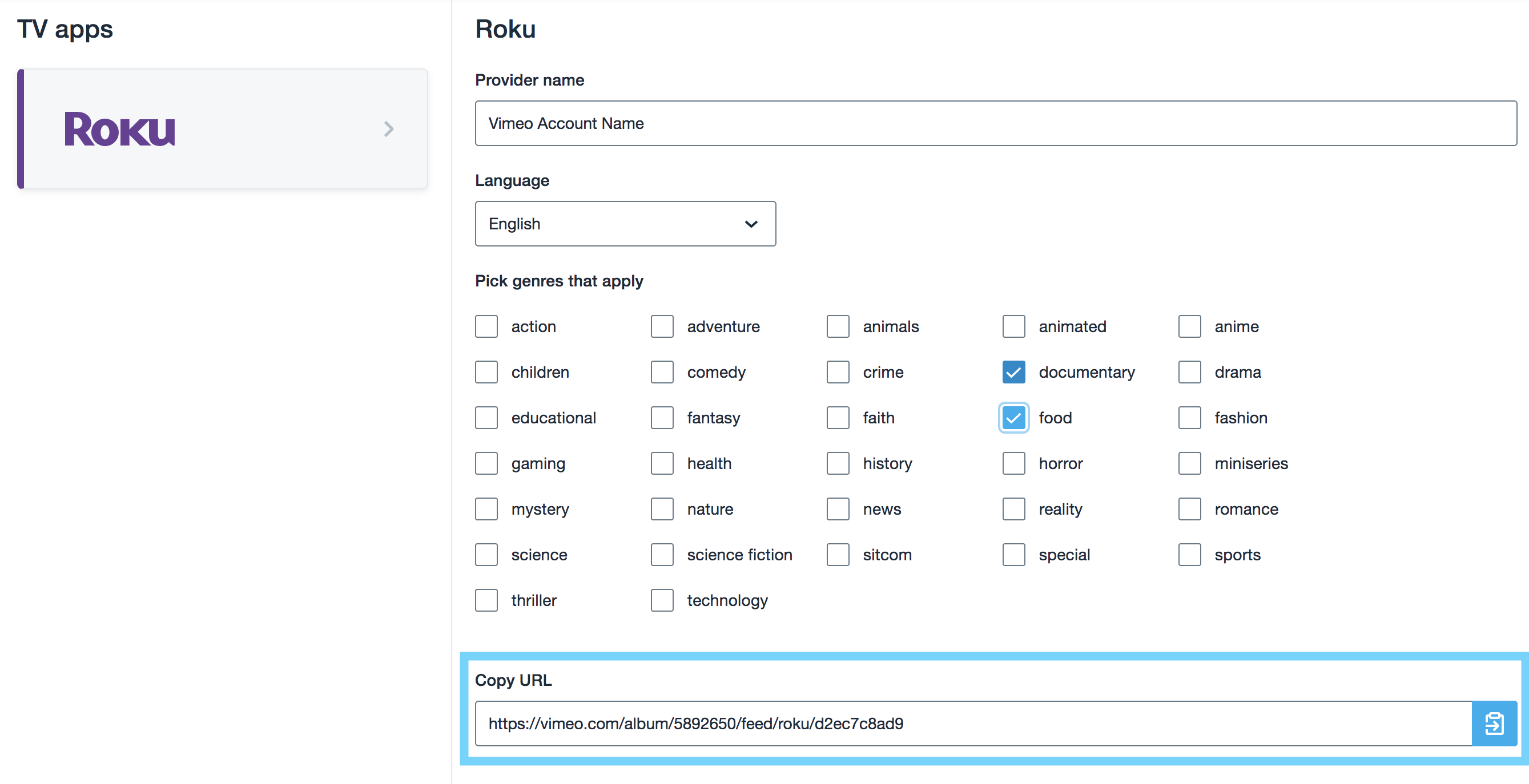 The page to set up information about the Roku channel. There is a textbox to enter in the the provider name. There is a dropdown menu to select the language. There is a selction of genres to pick from with a checkbox next to each. Finally, there is the URL to copy at the bottom of the page that is generated in a textbox.