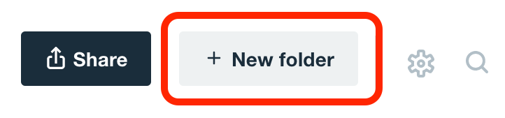 The 'New folder' button. It is after the 'Share' button. It is before the settings button, which is shaped like a gear. After the settings button, there is the search button shaped like a magnifying glass. The 'New Folder' button is outlined in the image with a red rectangle to designate it.