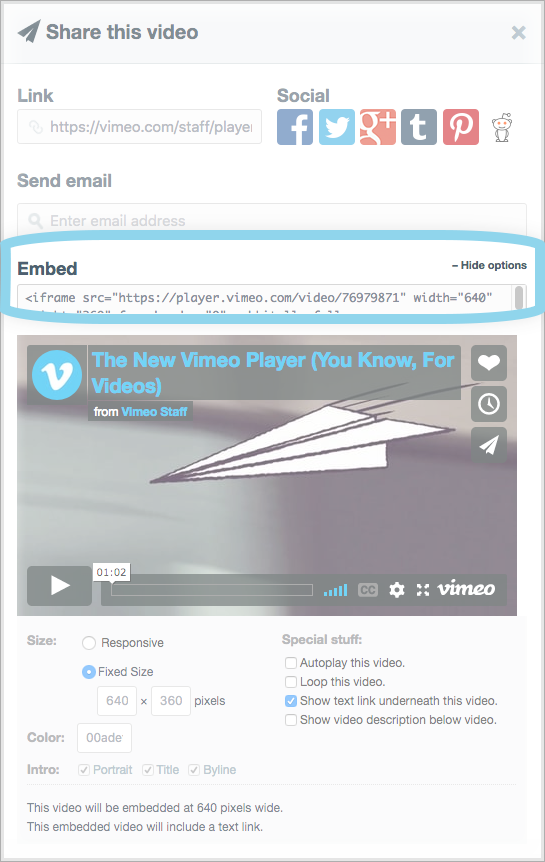 The 'Share this video' window. There are three textboxes on the left side of the window: Link (with a URL of the video), Send email (where you can imput an email address to send the video to), and Embed (with the embed code). At the top right of the window, under the 'Social' header, there are clickable icons for various social media sites where the video can be shared to directly.
