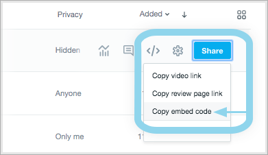 A portion of the Library page. It shows the end of a row in of a video in list view in the Library. The 'Share' button is at the end of the list. Selecting the Share button opens a menu. The options in that menu are: copy video link, copy review page link, and copy embed code.