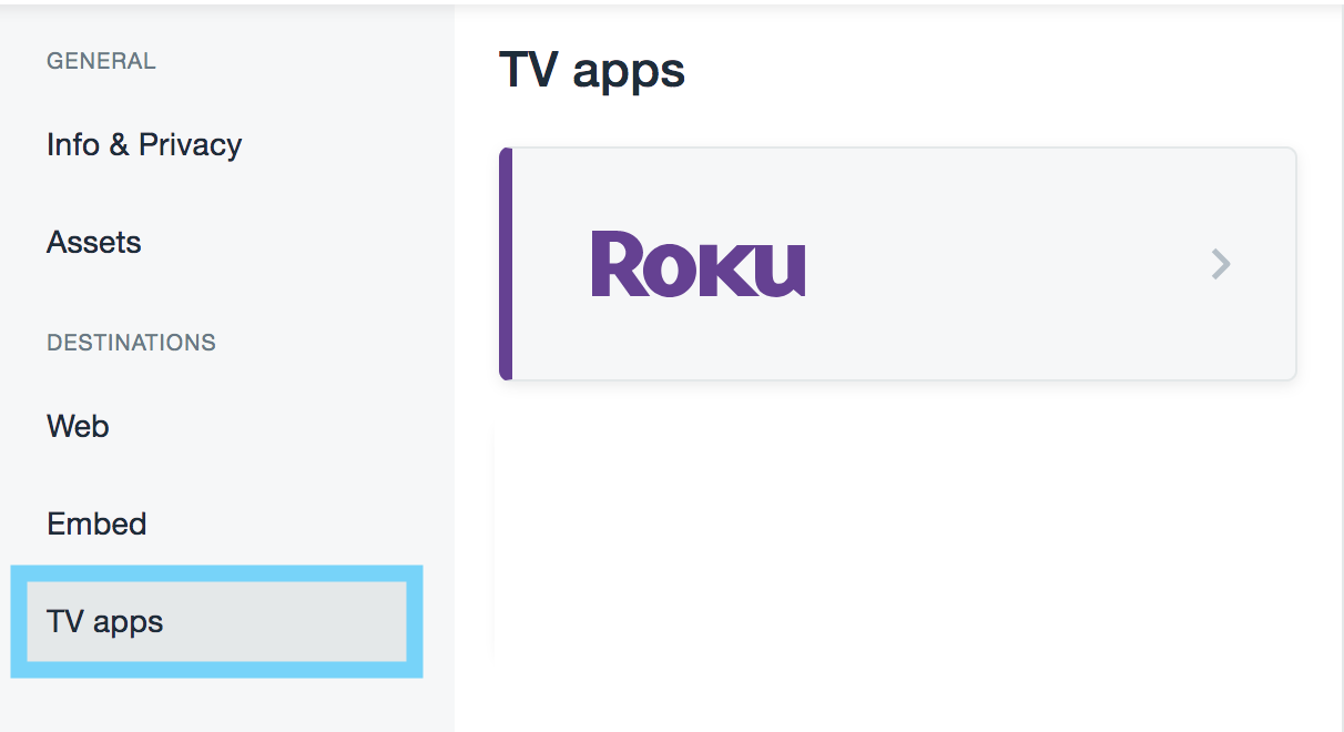 The 'TV apps' tab of showcase settings. Roku is displayed under the 'TV apps' header.