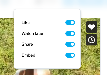 The menu that opens when you select the blue box that appears around the Like, Watch Later, and Share buttons. The options in the menu are Like, Watch Later, Share, and Embed. There is a toggle next to each option to enable or disable the feature.