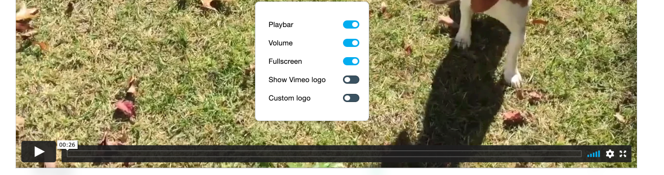 An example of a playbar in a video. The menu that appears when you select the blue box that appears around the play bar. The options in the menu are Playbar, Volume, Full Screen, Show Vimeo Logo, and Custom Logo. There is a toggle next to each button to enable or disable the feature.