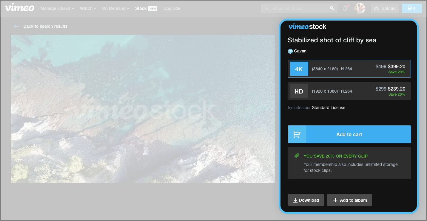 The stock clip page for a specific clip. The right panel has the details and pricings of the clip. It shows the title of the clip and who uploaded the clip. Below, there are multiple resolutions for the clip, as well as the price for each. In this example, the 20% discount is applied. Below is an 'Add to Cart' button. Below is a description that a 20% discount was applied to the pricing. Below are two buttons, 'Download' and 'Add to Album'.