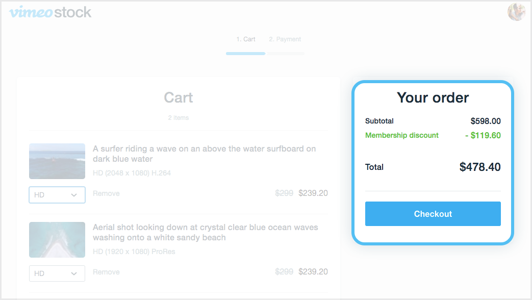 The cart for Vimeo Stock. On the left are the videos in the Cart and a thumbnail preview for each. Under each thumbnail is a dropdown menu for the resolution for the clip. Next to each dropdown menu is a 'Remove' link. The price for each clip is also displayed. The right panel of the Cart shows Your order's subtotal, any applicable discounts, and the total. Below is a 'Checkout' button.