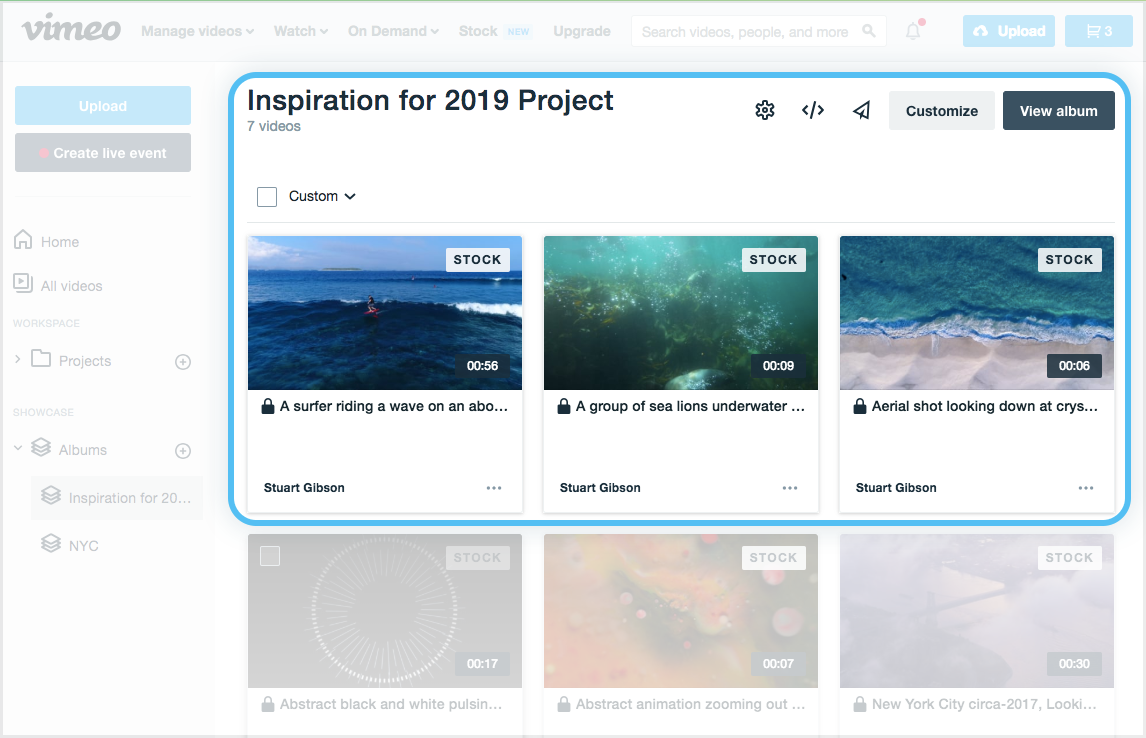 An example of an album. It is a folder containing multiple video clips. Vimeo Stock clips have the label 'Stock' in the top-right corner of each video thumbnail.