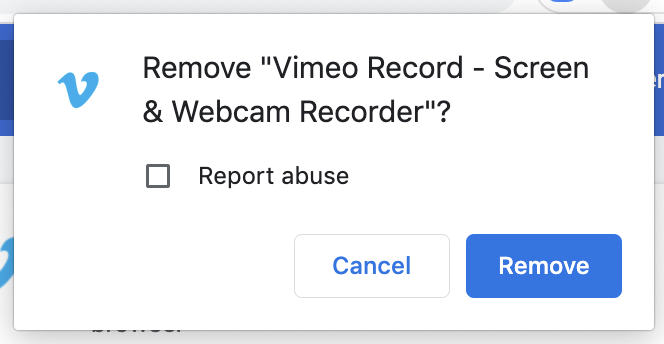 La fenêtre de confirmation pour supprimer Vimeo Record de votre navigateur.