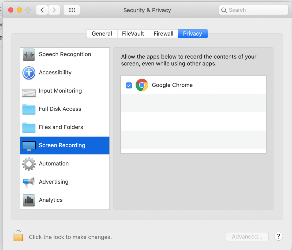 The Security & Privacy window on MacOS. In the left panel, 'Screen Recording' is selected. In the right panel, 'Google Chrome' is checked.