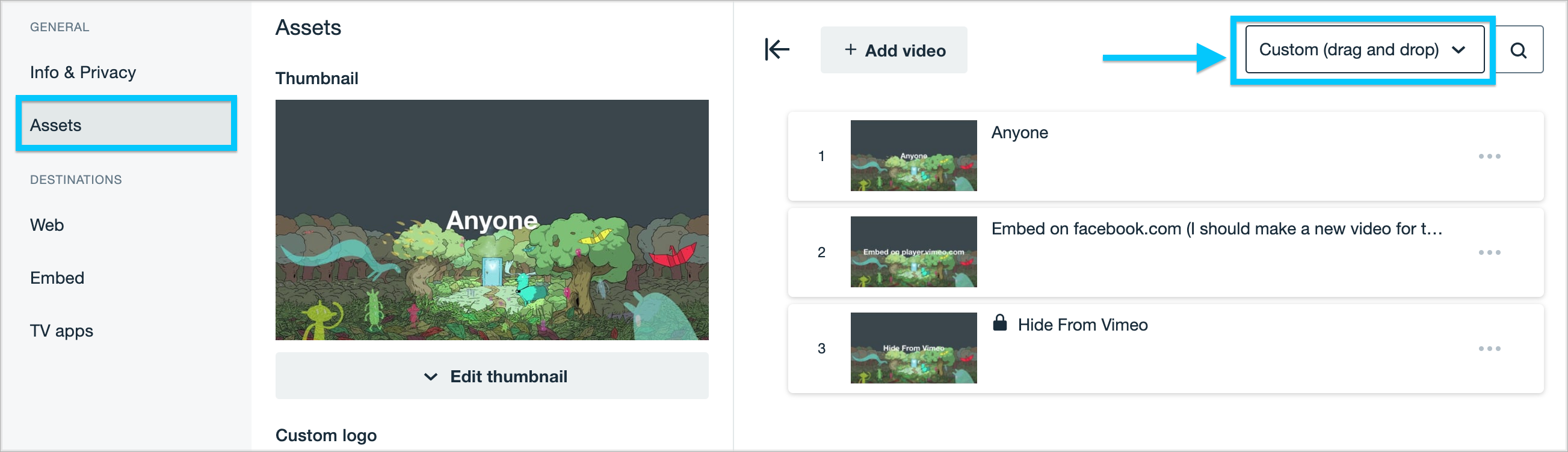 Le menu « Ressources » est sélectionné dans le menu paramètres de Présentation. Il est sélectionné dans le volet de gauche sous l'en-tête « Général », sous « Infos et confidentialité ». À droite se trouve un aperçu de l'image de la vignette. Sous l'image de la vignette se trouve un bouton « Modifier la vignette » avec un menu déroulant. Le panneau de droite affiche les vidéos de la playlist. En haut, un bouton « Ajouter une vidéo » permet d'ajouter une vidéo à une playlist. À droite, un menu déroulant permet de sélectionner un menu de tri pour la playlist. Dans cet exemple, l'option « Personnaliser (glisser-déposer) » est sélectionnée. À côté du menu « glisser-déposer » se trouve un bouton avec une loupe permettant d'effectuer une recherche.