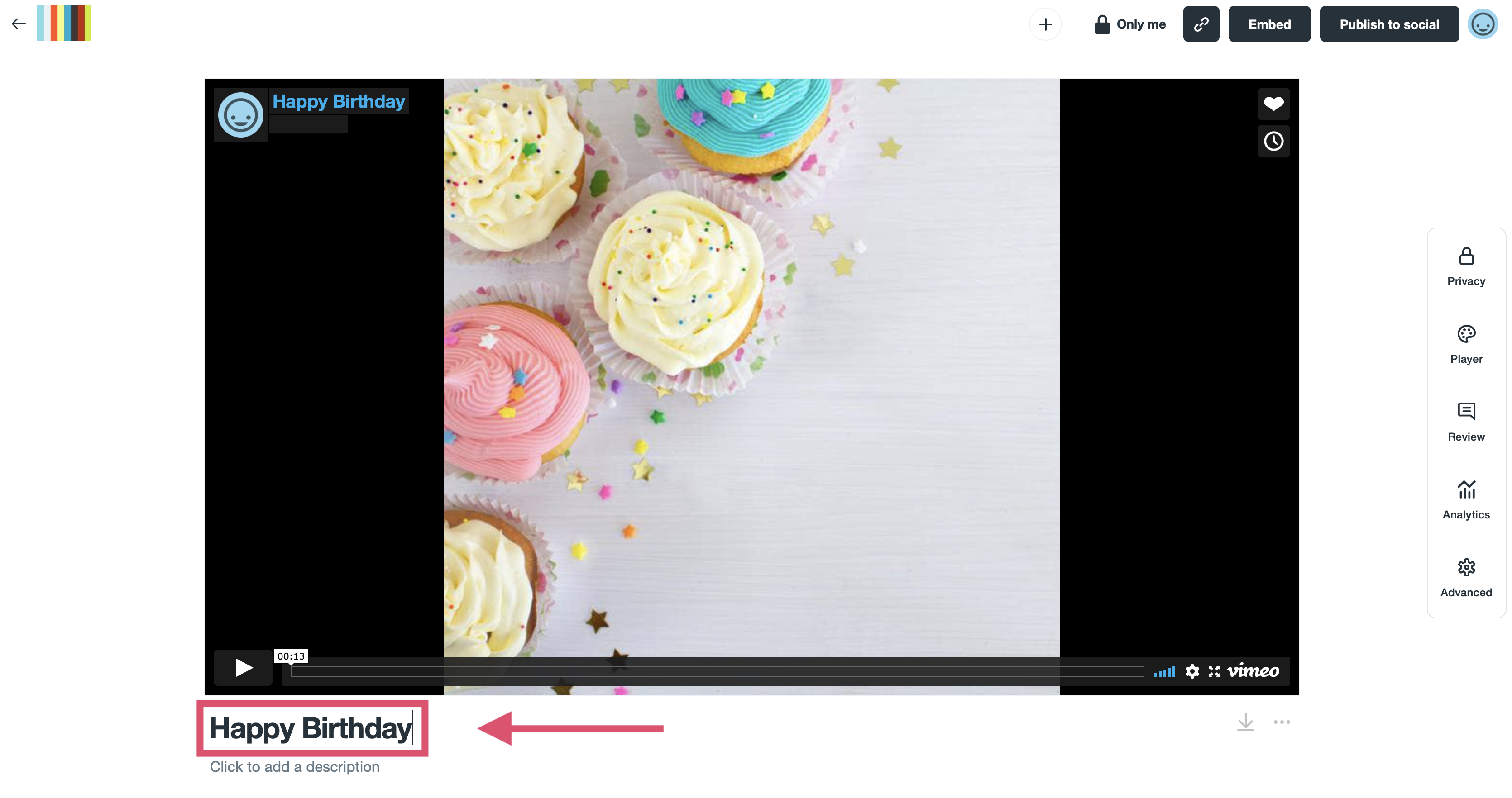 The selected video. Selecting the title will allow you to type in a new title to rename your video.