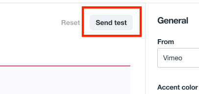 Screenshot highlighting the Send Test button at the top of the email page.