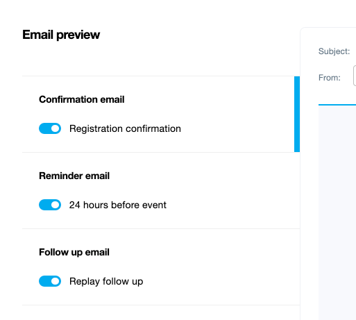Screenshot showing the three webinar email options: confirmation, reminder, and follow up.