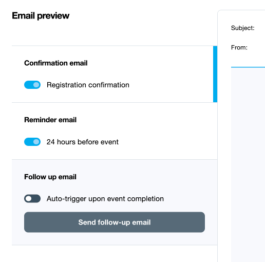 Screenshot showing a panel with the three email types, with Follow up email selected and turned off. It shows a button below it that says Send follow-up email.