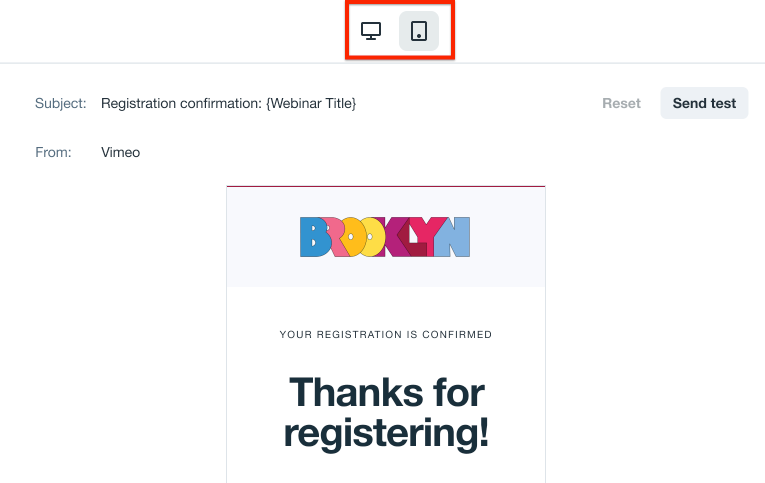 Screenshot showing top of the email preview, highlighting the options to switch between desktop and mobile view.