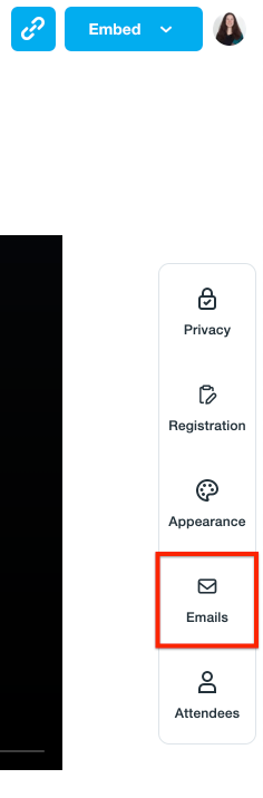 Screenshot showing the webinar management page, highlighting the emails button on the right side.