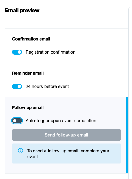 Screenshot showing the three email types, with one type showing a toggle switch set to Off.