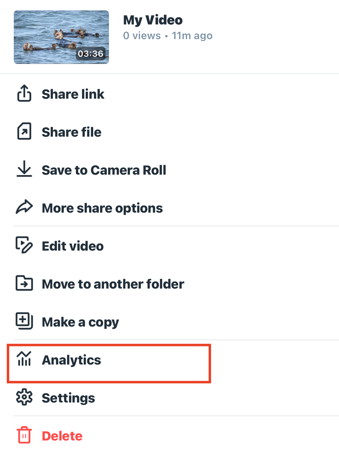 A screenshot of the video options menu for a saved video. Selecting analytics will show you the data for that video.