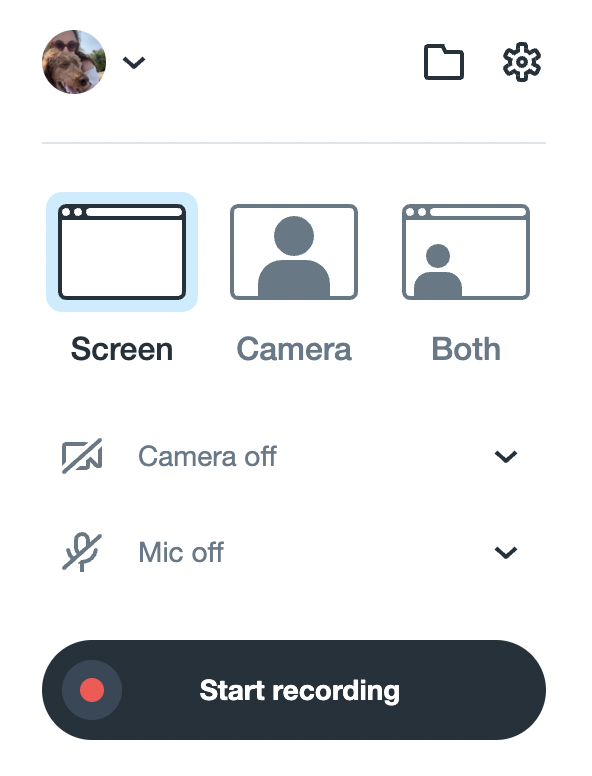 The Vimeo Record navigation menu. There are three buttons. They are labeled 'Screen' (with an icon of a computer screen), 'Camera' (with an icon of a silhouette of a person), and 'Both' (with an icon of a computer screen with an icon of a silhouette of a person in the corner of that computer screen). Below that is a dropdown menu to turn the camera on or off. It is off in this example. Below that is a dropdown menu to turn the mic on or off. It is off in this example. Below that is a button labeled 'Start Recording'. 