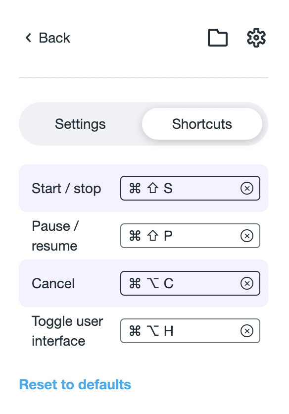 The shortcut menu. The items in the menu are Start/Stop, Pause/Resume, Cancel, and Toggle user interface. Next to each item in the menu is a textbox where you can input the keyboard shortcut for each function.