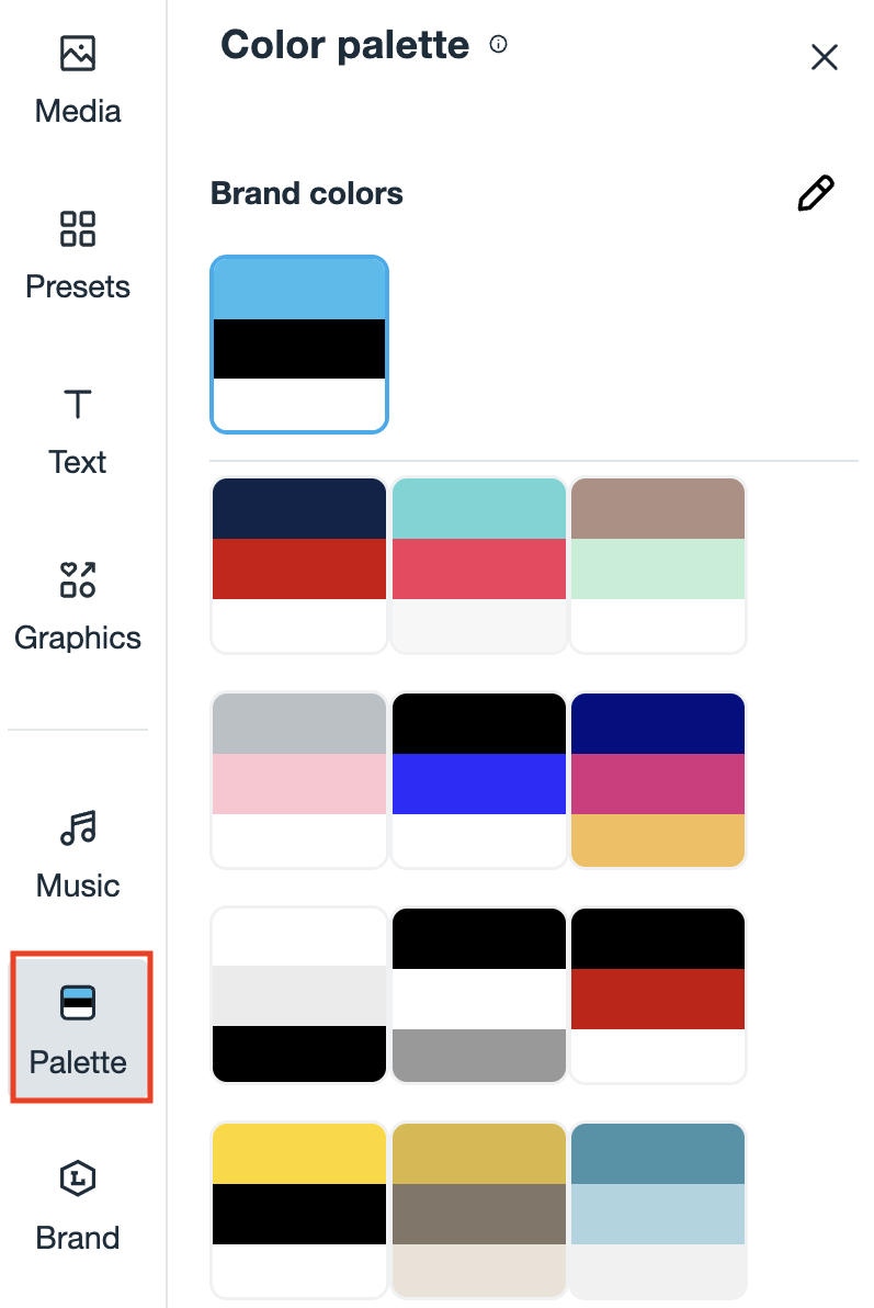 The palette button selected from the side bar. The icon for the button is a stack of three colors. This opens the color palette library. 