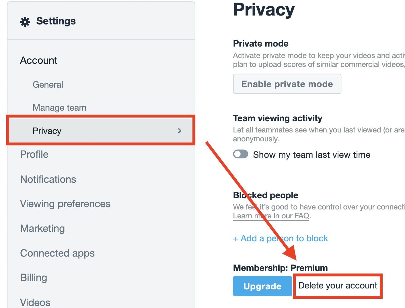 screenshot of the delete your account button on the privacy tab of account settings