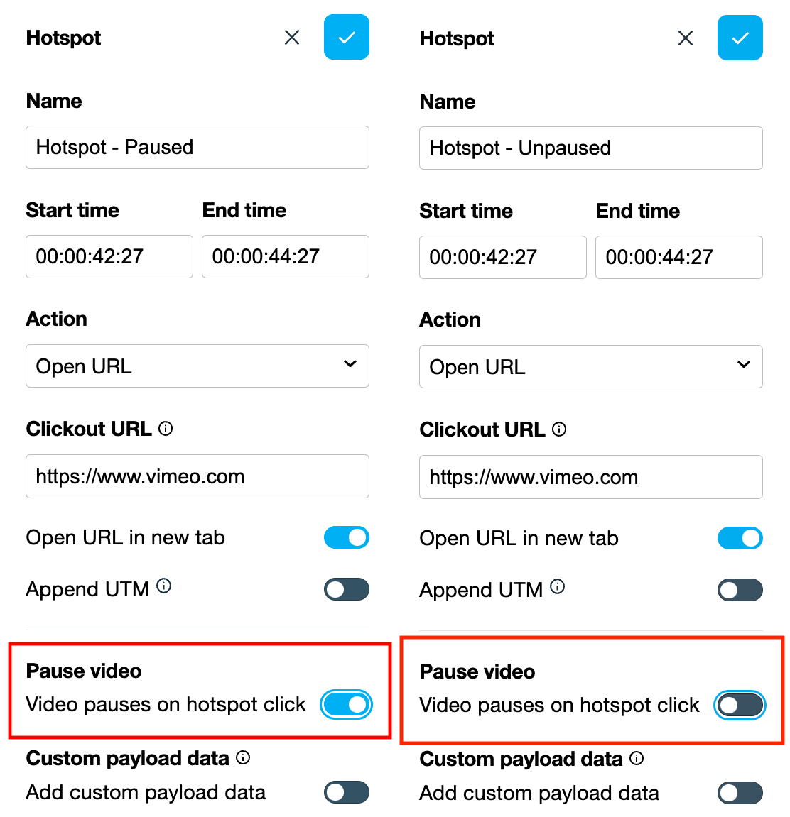 the hotspot settings panel highlighting the pause video toggle, both on and off.