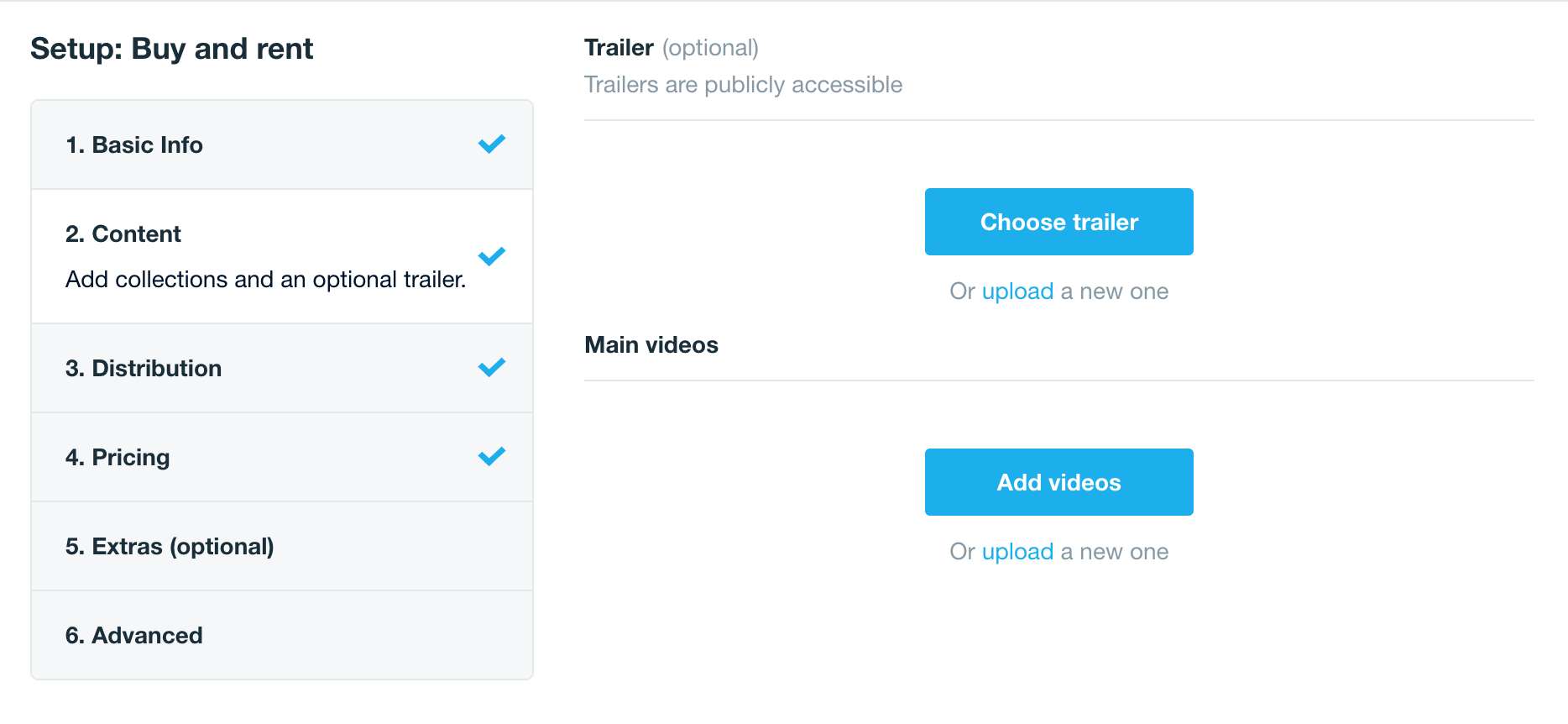 Product setup page open to add content tag, where there are buttons to add a trailer or a video.