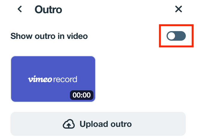 The outro panel. There is a toggle to select whether the scene should be visible in your Create video. There's an upload button to upload outro files. If outros were previously uploaded, the thumbnails will also appear.